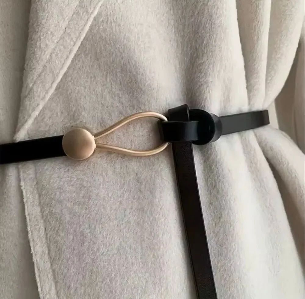 Black Skinny Waist Belt Gold Teardrop Buckle Minimalist Vegan Leather Dress Belt